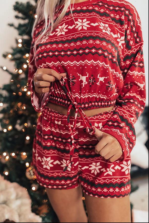 

fashion autumn winter 2 womens tracksuits pcs casual homewear pajamas sets cute christmas pattern long sleeve pullover elastic shorts, Gray