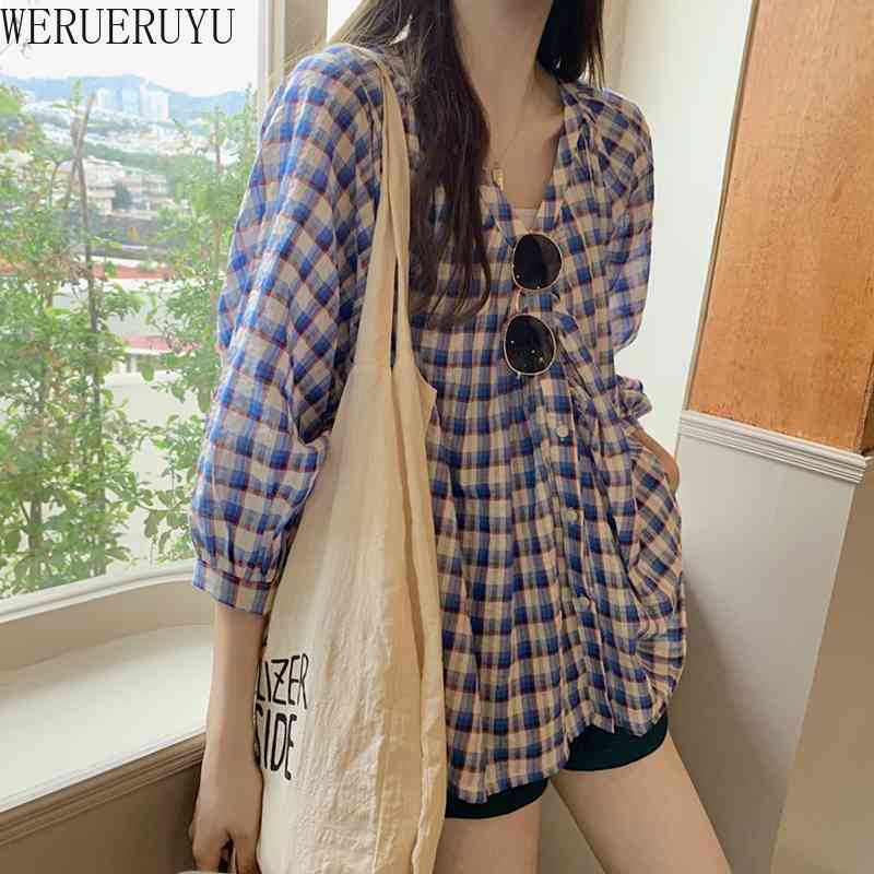 

WERUERUYU Women Blouses Brand Excellent Blue Plaid Shirt Women Cotton Casual 3/4 Sleeve Shirt Tops Lady Clothes 210608, Photo color