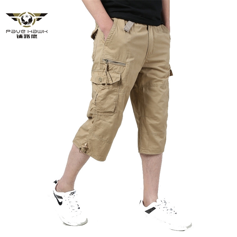 

Long Length Cargo Shorts Men Summer Knee Multi Pocket Casual Cotton Elastic Waist Bermudas Male Military Style breeches 210629, Khaki