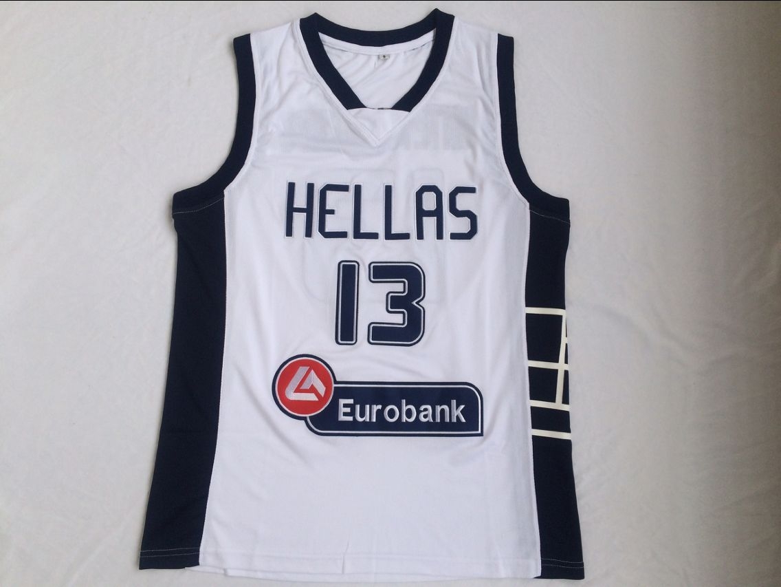 

Eurobank #13 Antetokounmpo Hellas White Basketball Jersey Mens All Sewn Embroidery Size S-2XL, As pics
