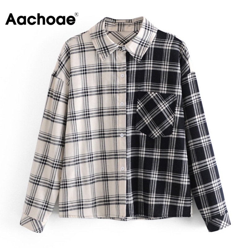 

Spring Autumn Plaid Patchwork Blouse Women Batwing Long Sleeve Loose Casual Tops Turn Down Collar Vintage Pocket Shirt, Black;white