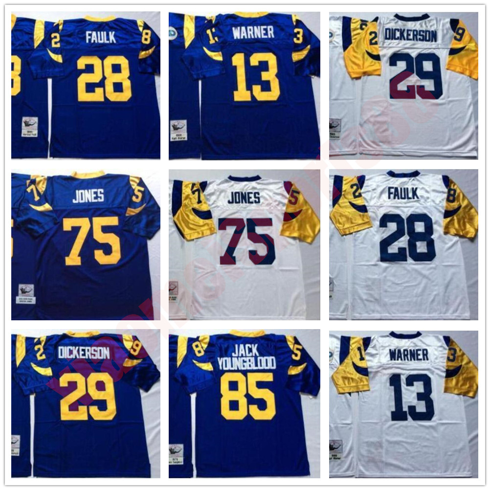 

Men NCAA Football 29 Eric Dickerson 13 Kurt Warner 28 Marshall Faulk Jersey 85 Jack Youngblood 75 Deacon Jones Blue White Mans Vintage, As shown in illustration