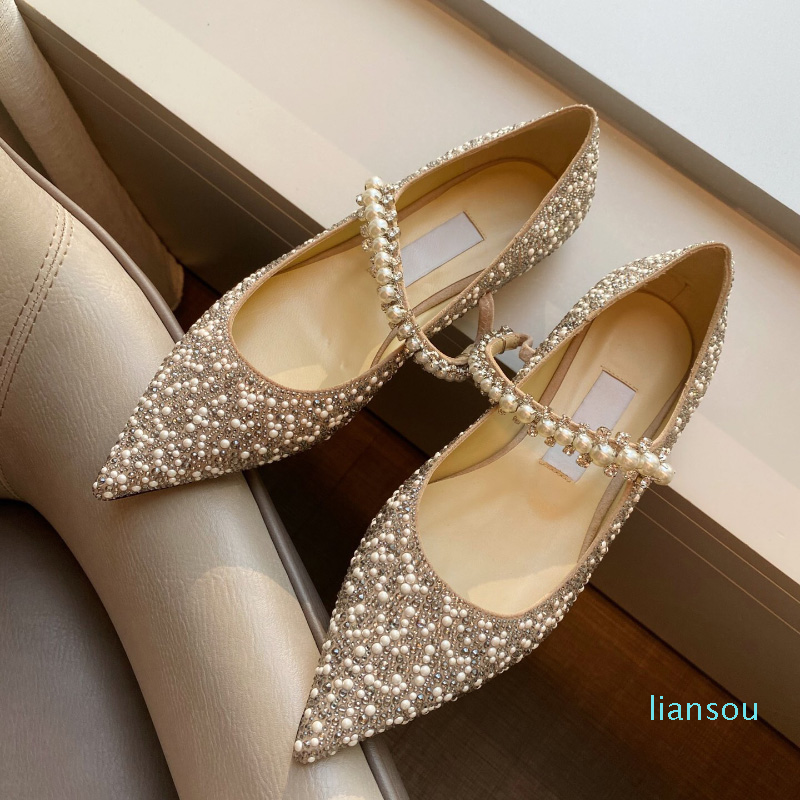 

Ballet flat shoes Gem-embellished studded anklet Rhinestone beaded pearl pointed toes women Luxury Designers shoe mary jane slip, Nude