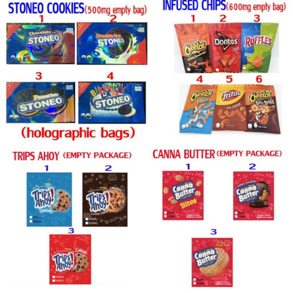 

Edibles bags Stoneo cookies gummies Infused chips Cheetos Canna butter Trips Ahoyo candy packaging