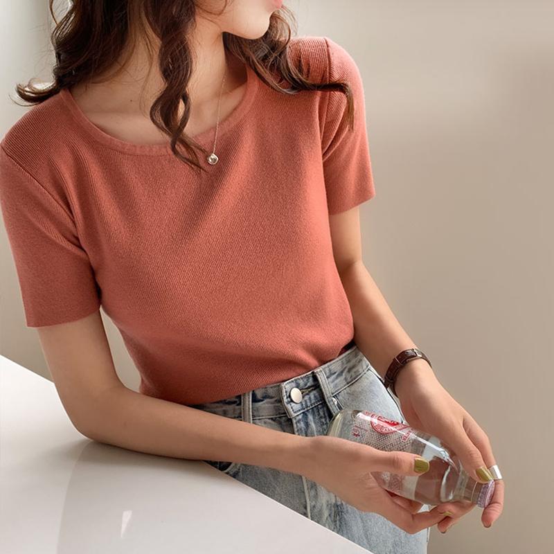 

Women's Sweaters Pullover Knitted Short Sleeve Sweater Women Summer Slim Basic Solid Casual Base Female Knitting Shirts 2022 Korea, White;black