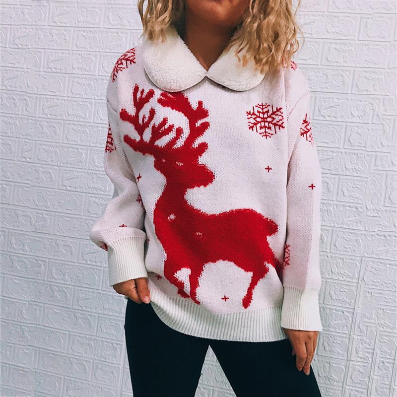 

Women' Sweaters Year Female Casual Women Pullover Knitted Autumn Winter Lapel Splicing Long Sleeve Christmas, Rd