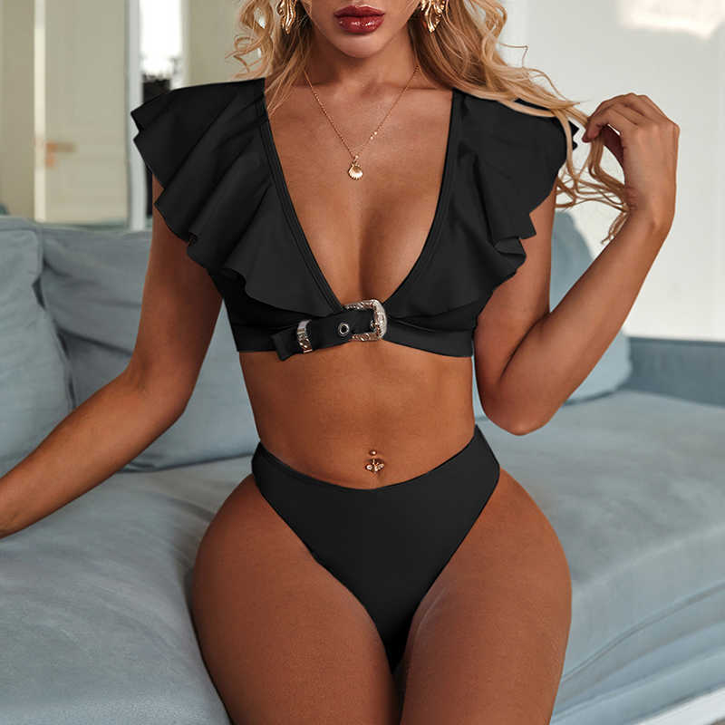 2021 Neon Deep V Neck Women Swimwear Ruffled Bikini High Waist Swimsuit Female Buckle Belt Bikini set Bather Bathing Suit Swim Y0820-image-722812941