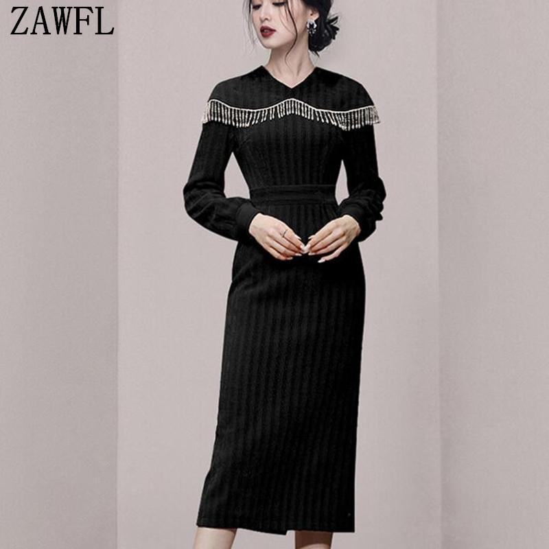 

Casual Dresses ZAWFL Pleated Shawl Vintage Style Elegant Fashion Streamer Tassel Slim Dress Loose 2022 Autumn Women Clothing, Black;gray