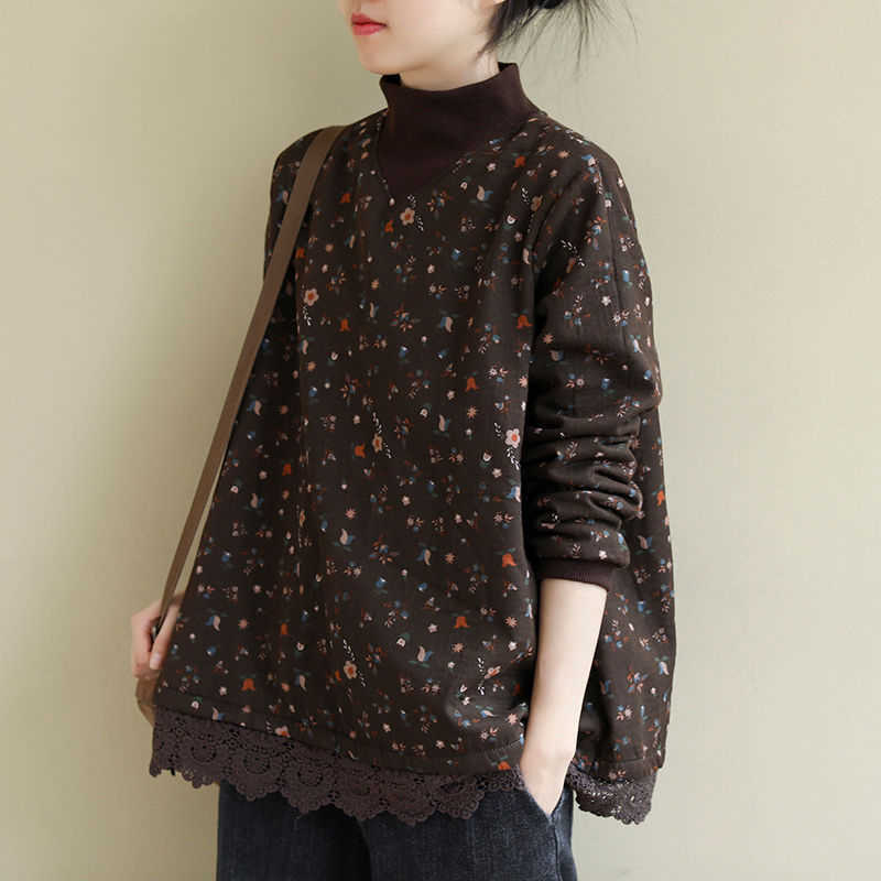 

Autumn Arts Style Women Long Sleeve Loose Patchwork Lace Pullovers All-matched Casual Vintage Print Cotton Hoodie S559 210608, Black