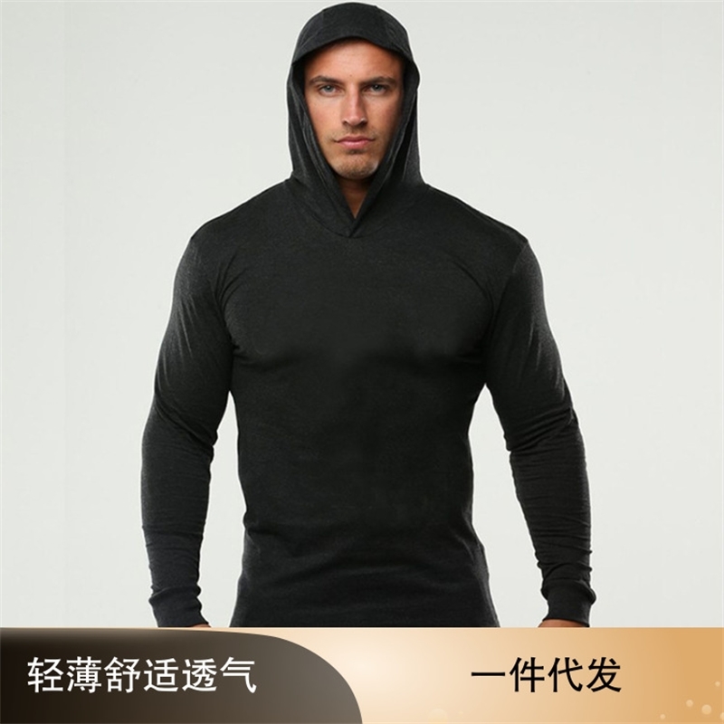 

Men's fitness long sleeve cotton European light solid color Hooded Sweater, White