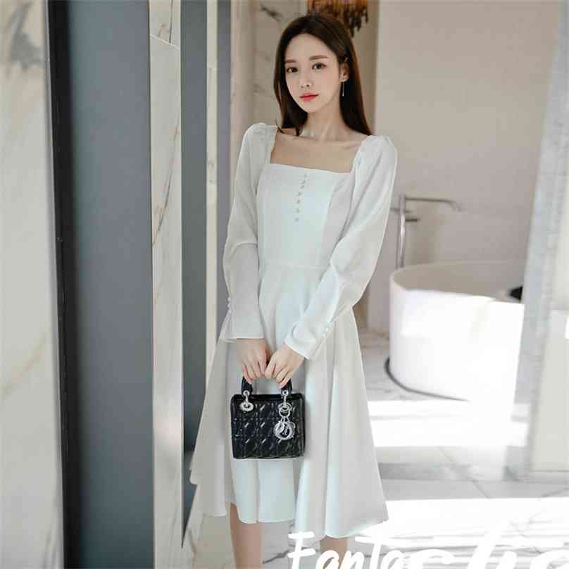 

White Party Dress korean Ladies fall Long SLeeve Square neck loose Sexy nig club Dresses for women clothing 210602
