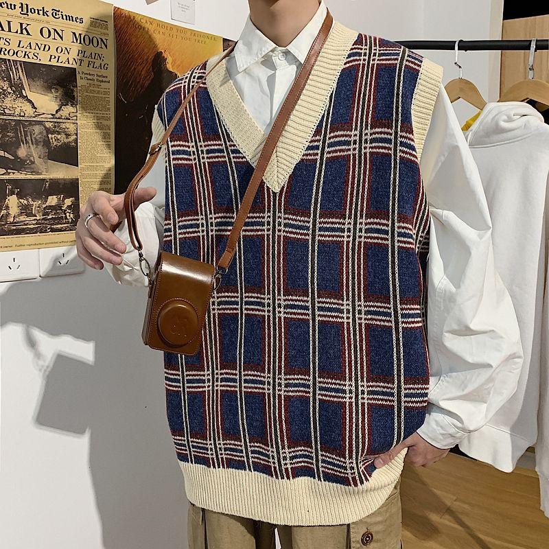

Men's Vests Winter 2021 Color Plaid Vest Loose Fashion Shoulder Casual Simple Sleeveless Sweater Size -2XL, Black