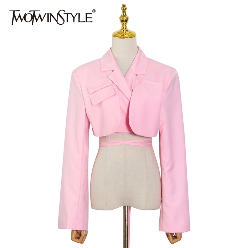 

Short Hollow Out Cross Blazer For Women Notched Long Sleeve Casual Blazers Female Fashion Clothing Spring 210524, Pink