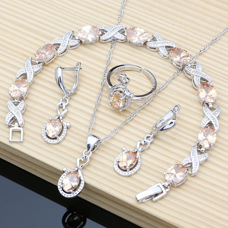 

Women Silver 925 Jewelry Sets Champagne Toapz Long Earrings Bracelet Resizable Ring Necklace Sets Gift for Her Dropshipping, Mixed colors