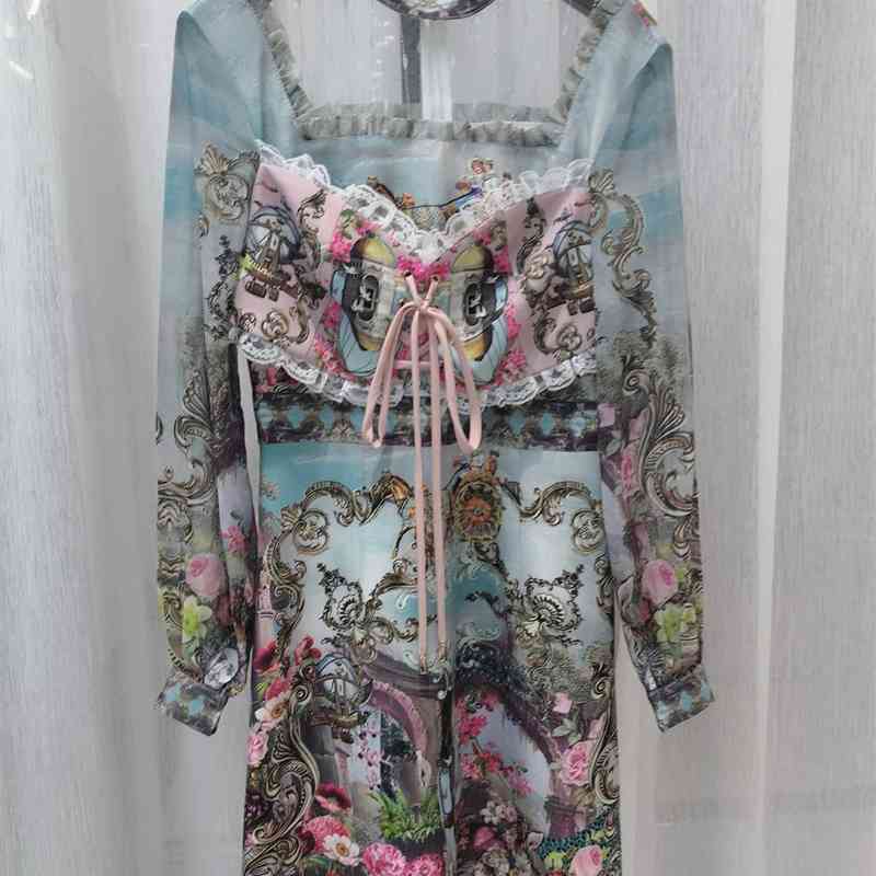 

Truevoker Runway Designer Mujer Festa Vestidos Dress Lady Long Sleeve Vintage Baroque Print Lace Up Cattagecor Women Dress 210602, Multi