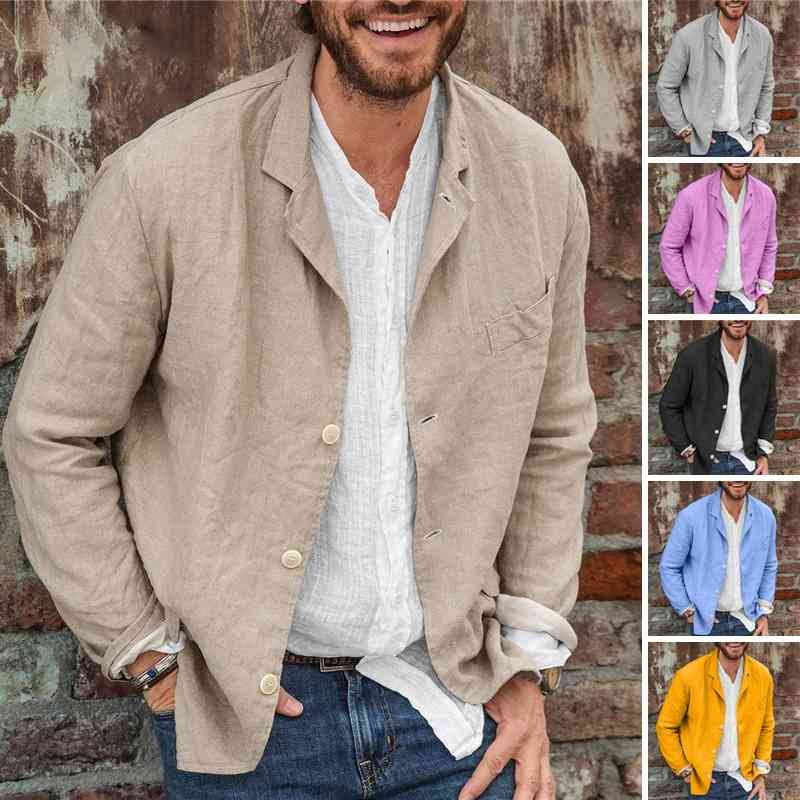 

2021 men' spring and autumn casual cotton linen loose suit coat Shirt Top, Khaki