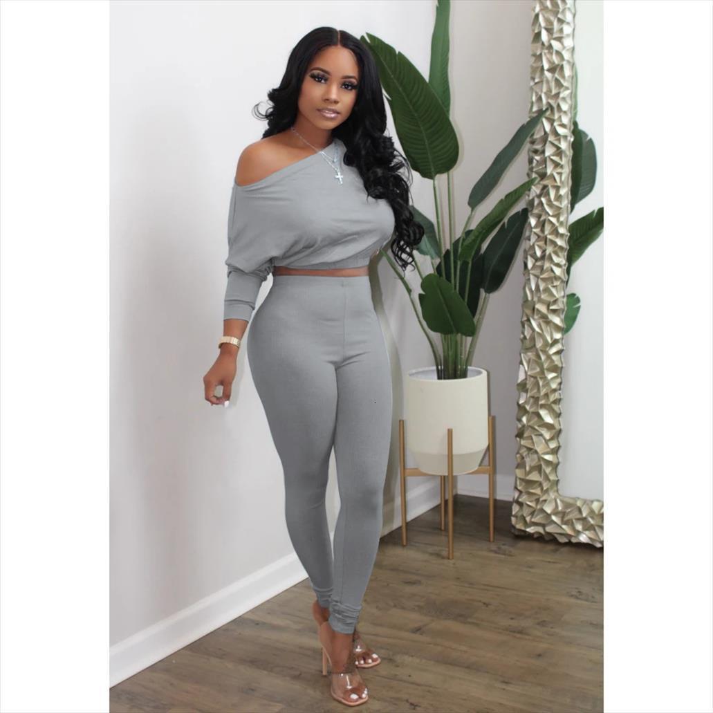

2 piece casual solid womens pants color long sleeve oblique collar high waist elastic pocket trousers sports outfits, White
