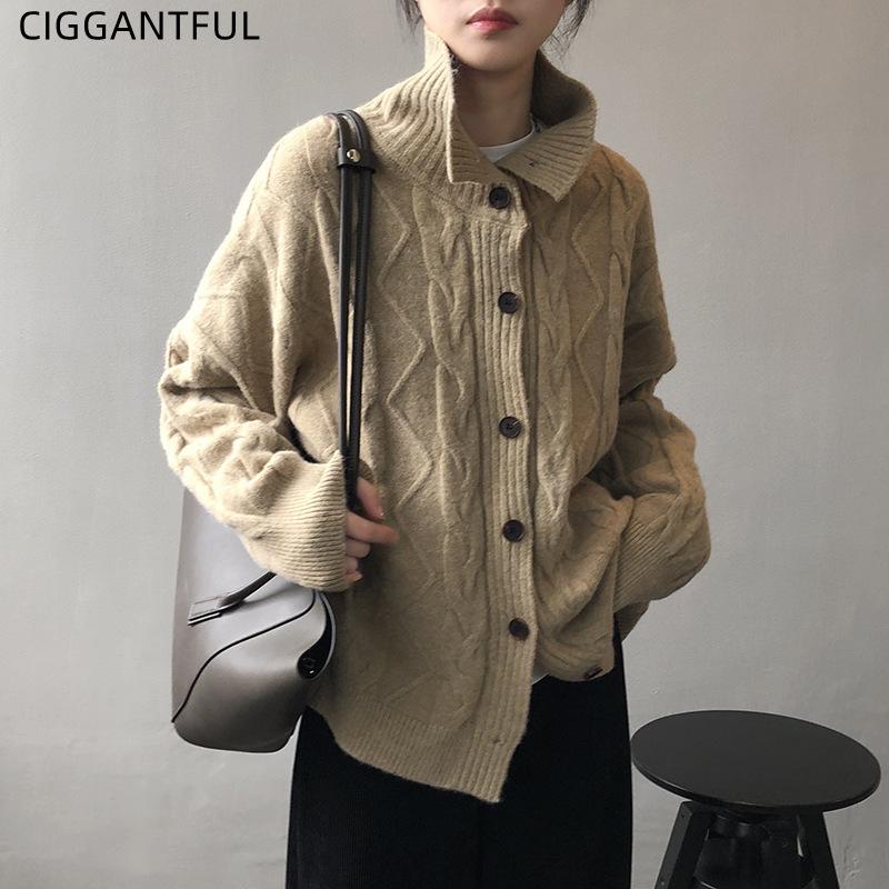 

Women's Knits & Tees Lazy Style Sweater Jacket Women 2021 Fall Winter Korean Twist High Neck Knitted Cardigans Fashion Button Casual Coat Cl, Gray