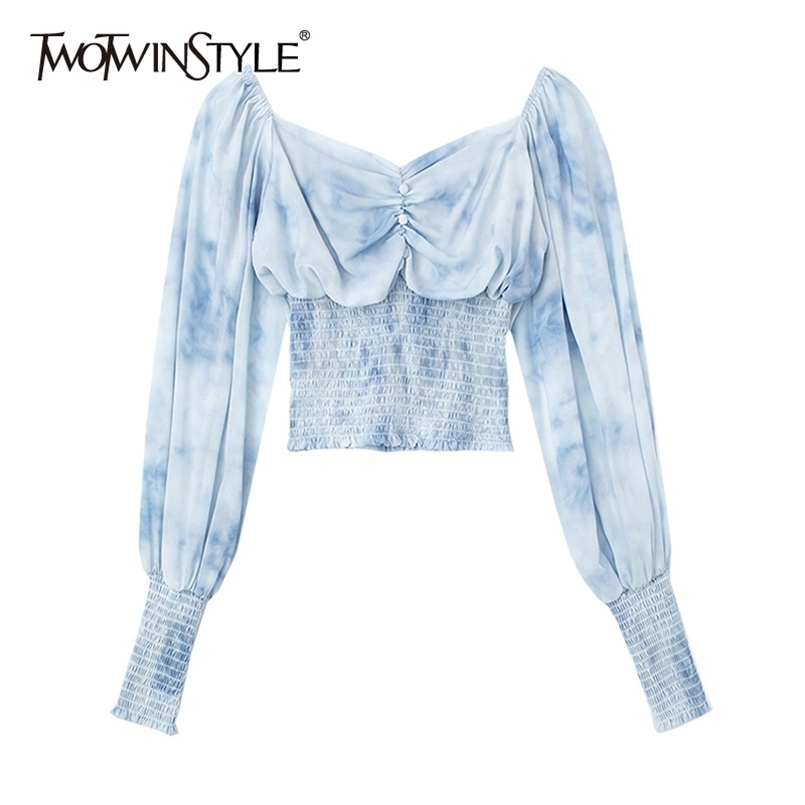 

Vintage Print Tunic Shirt For Women Square Collar Lantern Long Sleeve Elegant Short Tops Female Fashion Clothes 210524, Blue