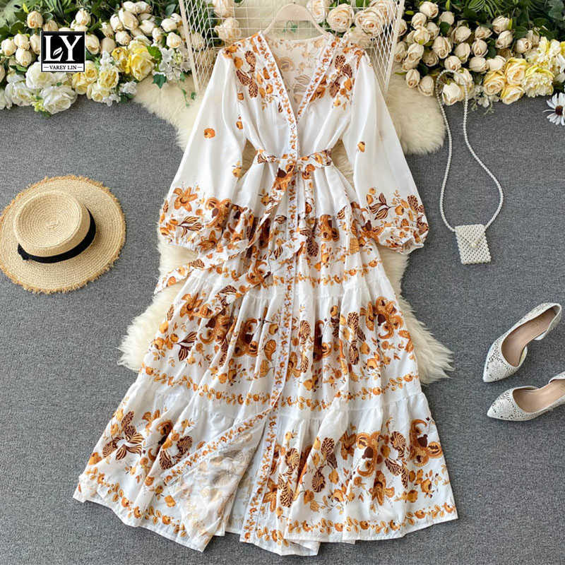 

LY VAREY LIN Autumn Vintage Print Dress Women Elegant V Neck Single Breasted Sashes Tie Up A Line High Waist Slim 210526, White