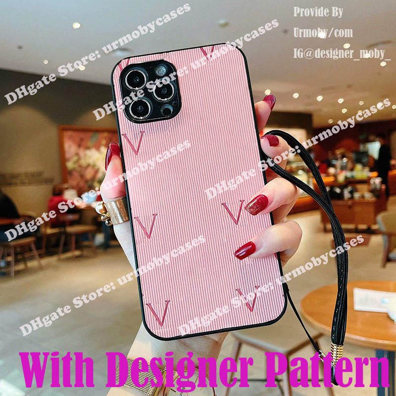 

designer iphone case for 12 11 pro max 7 8 plus XR XS imprint letter and flower pattern protective cases with lanyard, Brown