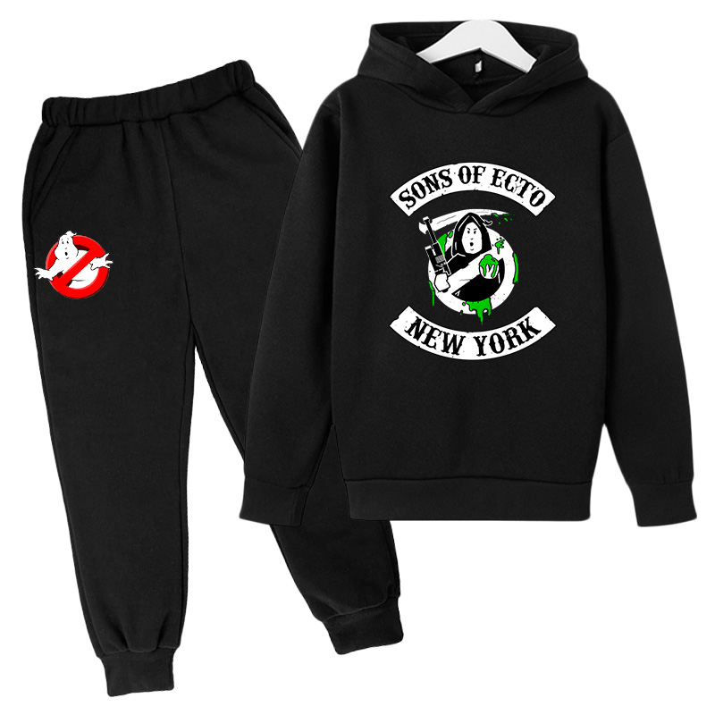 

2021 Anime Stripe Ghostbusters boy Hoodie pant sets Black Yellow Mens Hip Hop Hoodie Cotton Harajuku children Sweatshirt pant