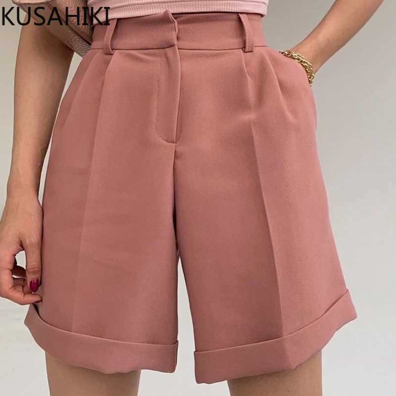 

KUSAHIKI Woman Shorts Summer High Waisted Causal Bottoms Korean Solid Wide Leg Short Feminimos Ropa Para Mujer 6H665 210602, Blue