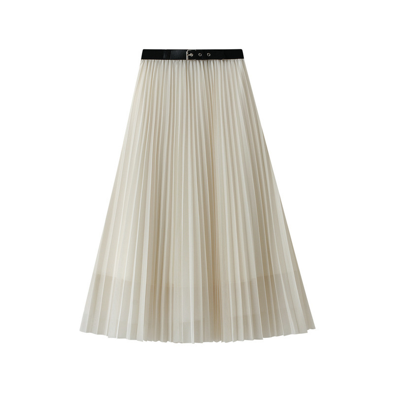 

Skirt Women solid A-line Pleated s with belt Vintage Drawstring Elastic Waist Midi s Casual Korean A Line 210524, Light coffee