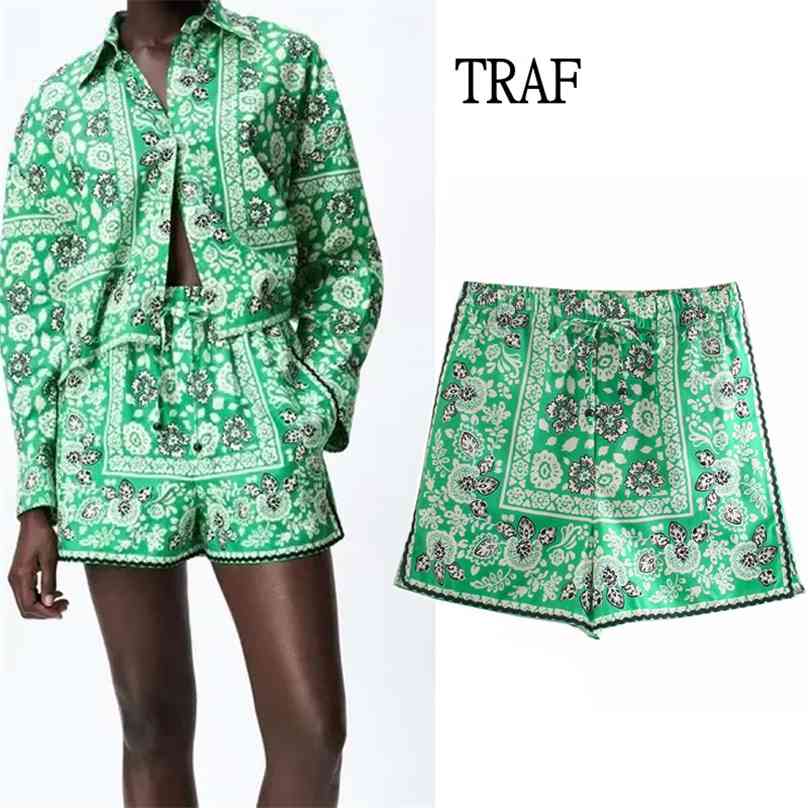

TRAF Women Shorts Za Green Print Loose High-Waisted Drawstring Casual Woman Vintage Elastic Waist Female Short Pants 210719