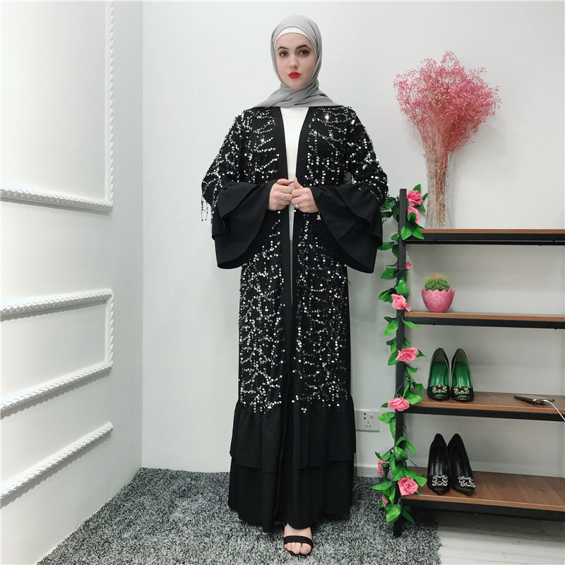 

Islamic Clothing Muslim Abaya Dress Women Flare Sleeve Ruffle Jibab Kimono Caftan Long Robe Elbise Sequin Dress Lace-up Jubah