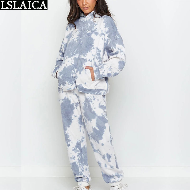 

2 Piece Outfits Casual Elegant Tie Dye Womens Tracksuit Set Hooded Sweatershirt Woman Pants Homewear Fashion 2piece Women 210520, Sky blue