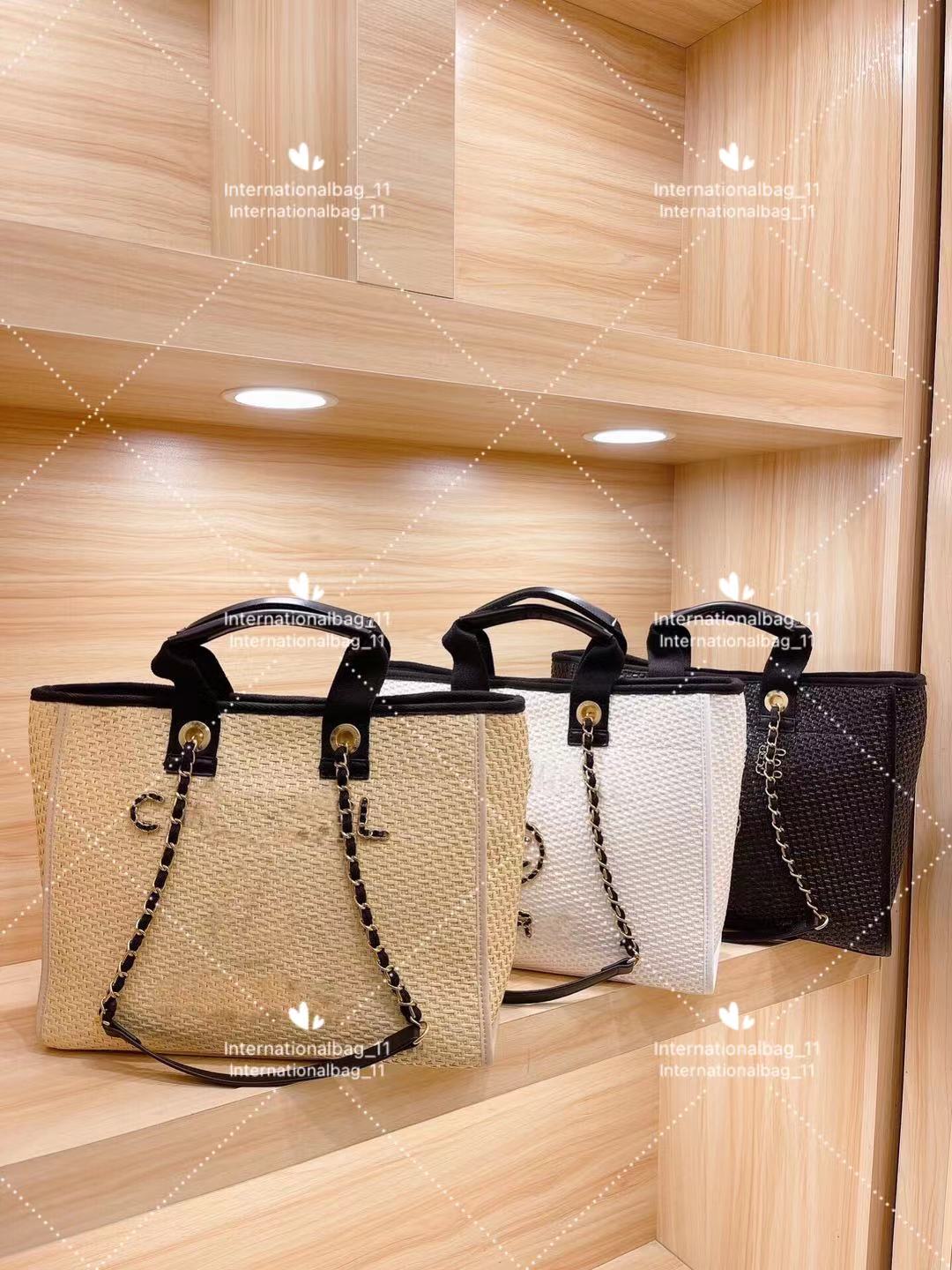 

Casual designer fashion lady beach bag straw woven elements portable wallet thick chain large capacity double shoulder straps tote