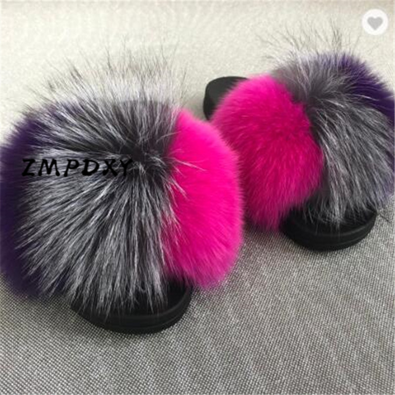 

Women's Summer Anderson Fluffy Slippers Children's/Kids Real Fox Fur Slides Ladies Cute Plush Fox Hair Shoes Woman Furry Sandals X0523, As shown