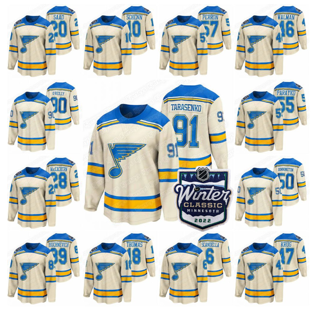 

90 Ryan O'Reilly 2022 Winter Classic Blues hockey Jersey Jaden Schwartz Vladimir Tarashenko Colton Parajko Patrick Maroon Oscar Sandqui, Black;red