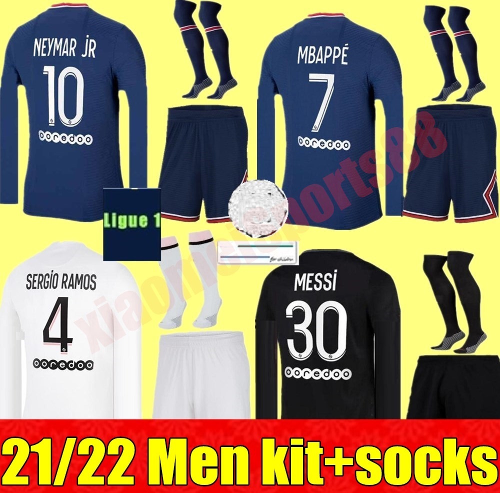 

21 22 Long sleeve adult kits soccer Jerseys Psgs Maillots football 2021 2022 MESSI SERGIO RAMOS MBAPPE NEYMAR shirt JR Men kit sets maillot de foot, Black