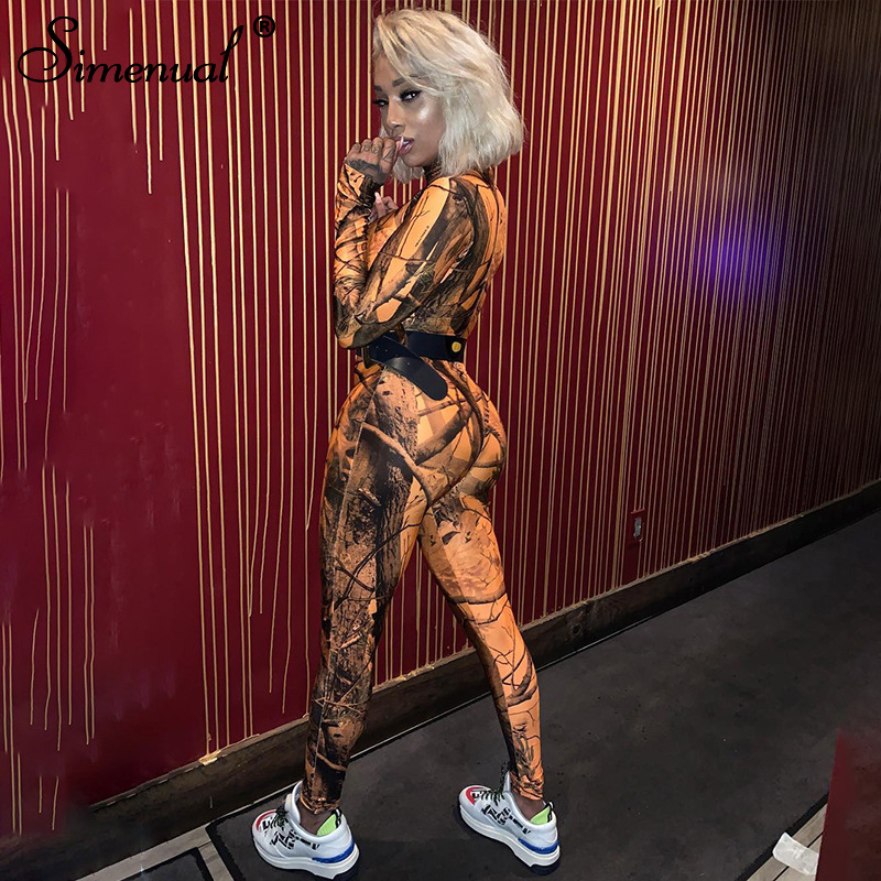 

Simenual Print Sporty Long Sleeve Women Jumpsuits Casual Zipper Workout Active Wear Fashion Overalls One Piece Bodycon Romper, Green