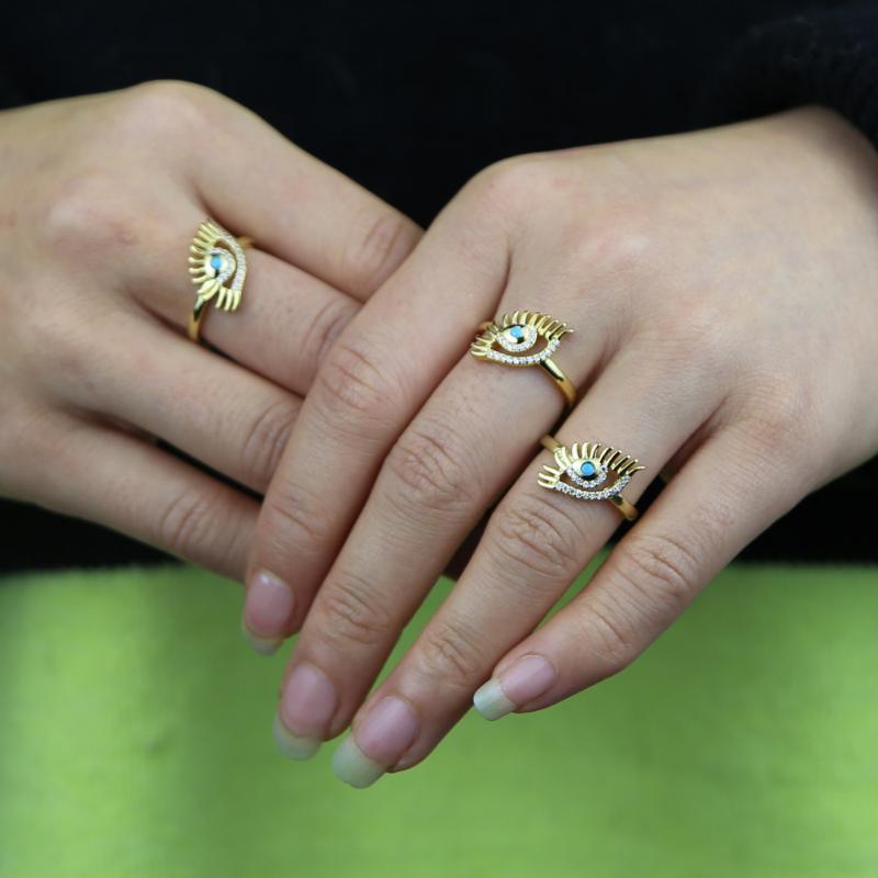 

Wedding Rings EVIL EYE Fashion Eyelash Gold Color Cz Crystal Paved Blue Lucky Ring Turkish Jewelry For Women Valentine's Gift