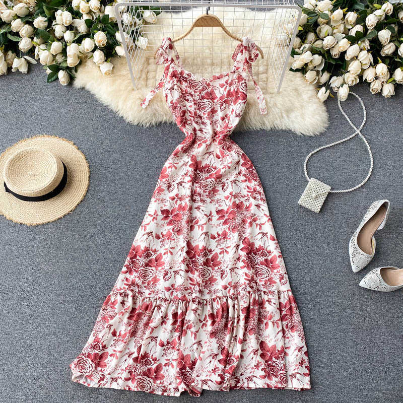

Summer Sexy Red Floral Printed Spaghetti Strap Long Dress Women Bohemian Vacation Beach Vestidos Female High Waist Robe 2021 New Y0603, Pink