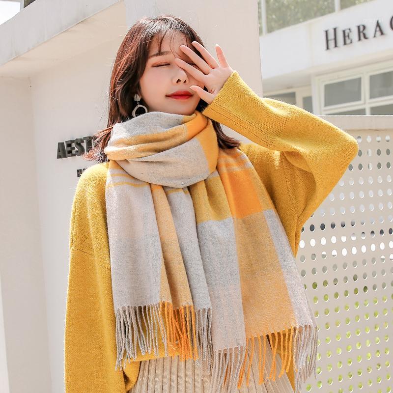 

Scarves Yellow Plaid Wool Scarf Winter Women 2021 Fashion Lattice Shawls And Wraps For Ladies Large Stole, Blue;gray