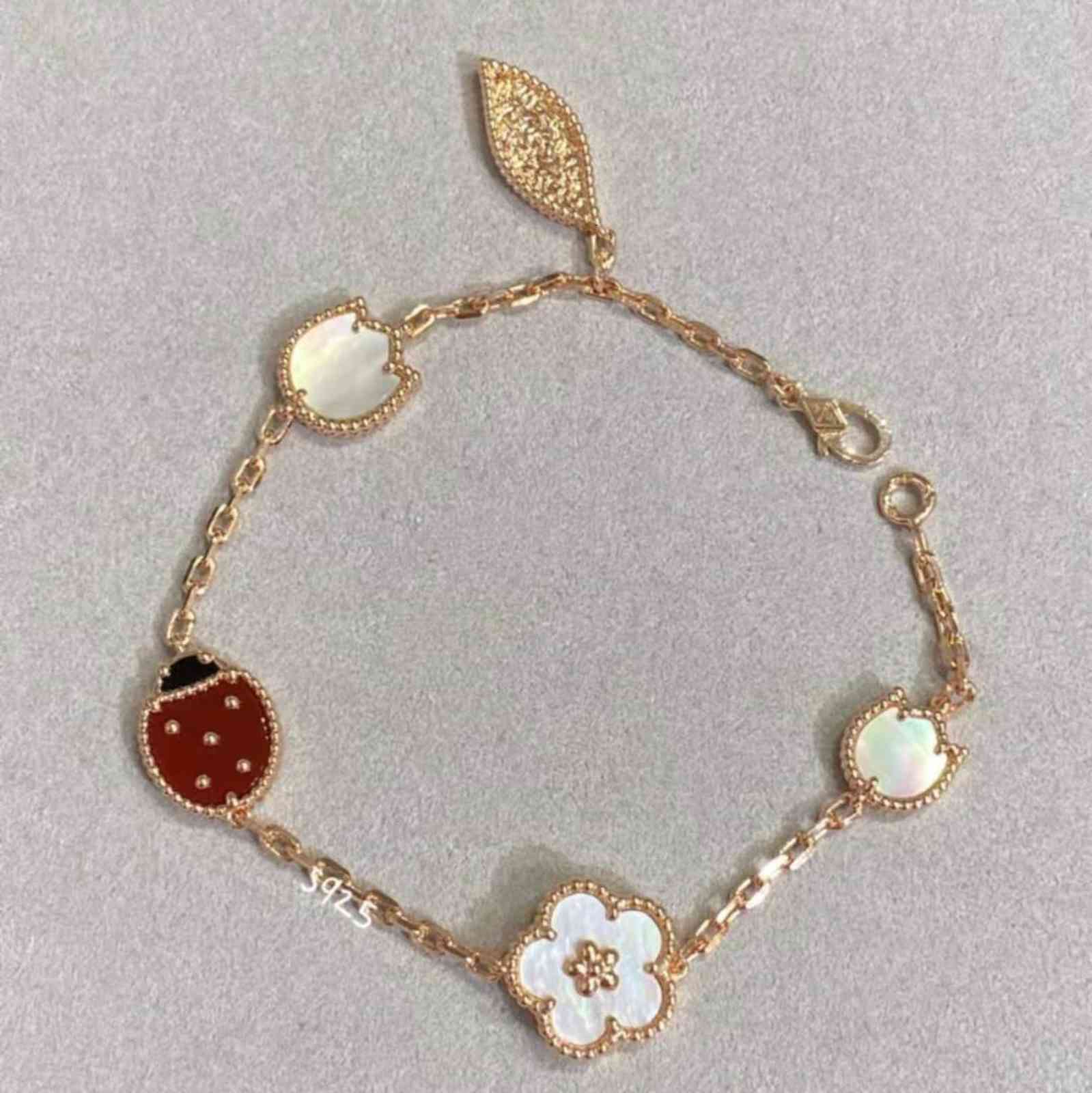 Fanjia 925 Sterling Silver Lucky Little Ladybug Bracelet Five Flower 18k Gold Rose-image-742455127