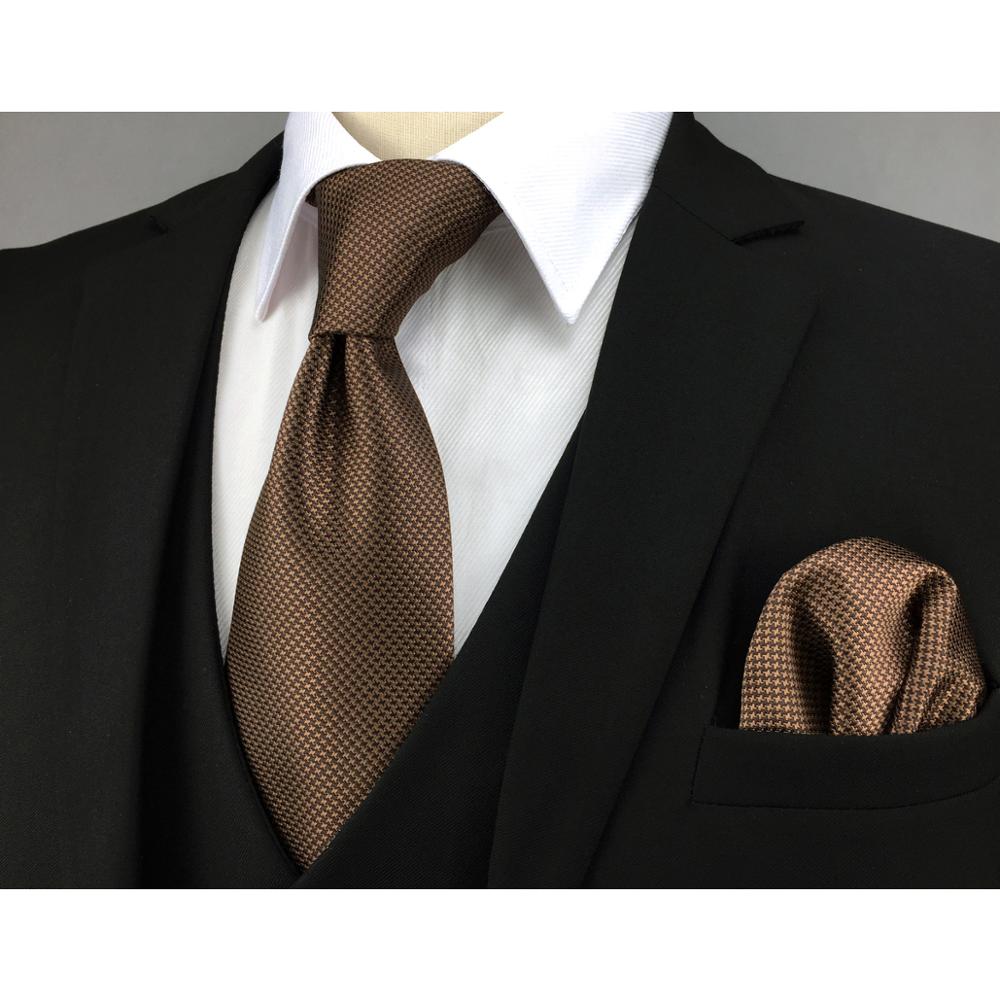 

Brown Houndstooth Necktie Set Handmade Wedding Fashion Extra Long Size Classic Ties for Mens Hanky