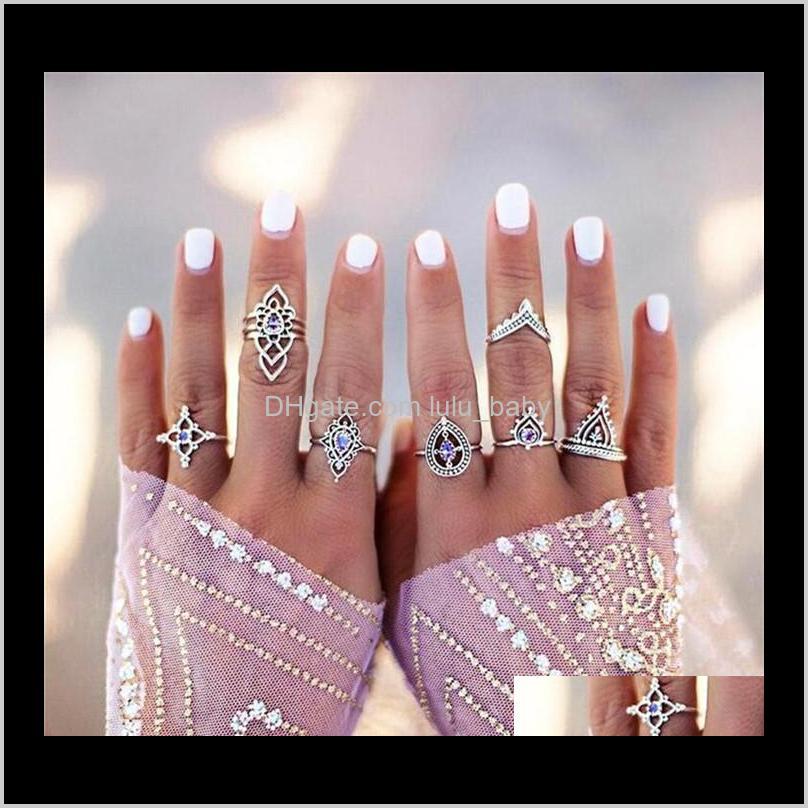 

Band Jewelryvintage Purple Crystal Hollow Flower Midi Finger Rings Set 7Pc Mix Style Antique Sier Knuckle Fashion Stacking Ring Haldway Fine