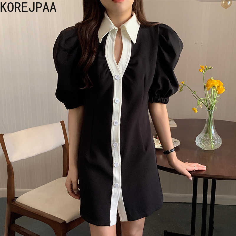 

Korejpaa Women Dress Summer Korea Chic Ladies Temperament Lapel Contrast Color Single-Breasted Slimming Puff Sleeve Vestido 210526, Black
