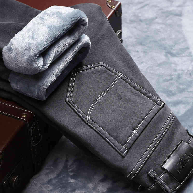 

Winter Men Warm Gray Jeans High Quality Elasticity Thicken Skinny Plus Velvet Denim Pants Trousers Male Brand Clothes