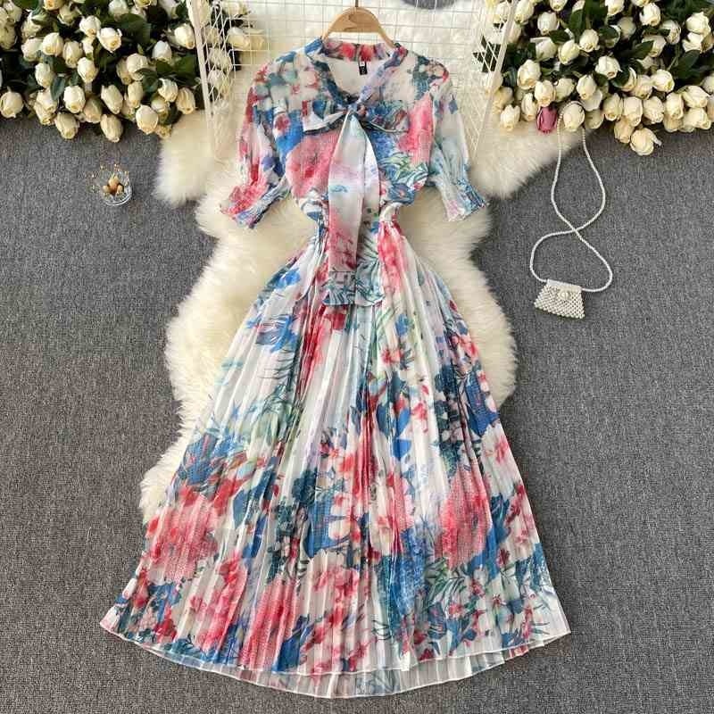 

French dress goddess fan elegant printing light chiffon sweet bow tie slim mid-length pleated skirt 210525, Blue pink
