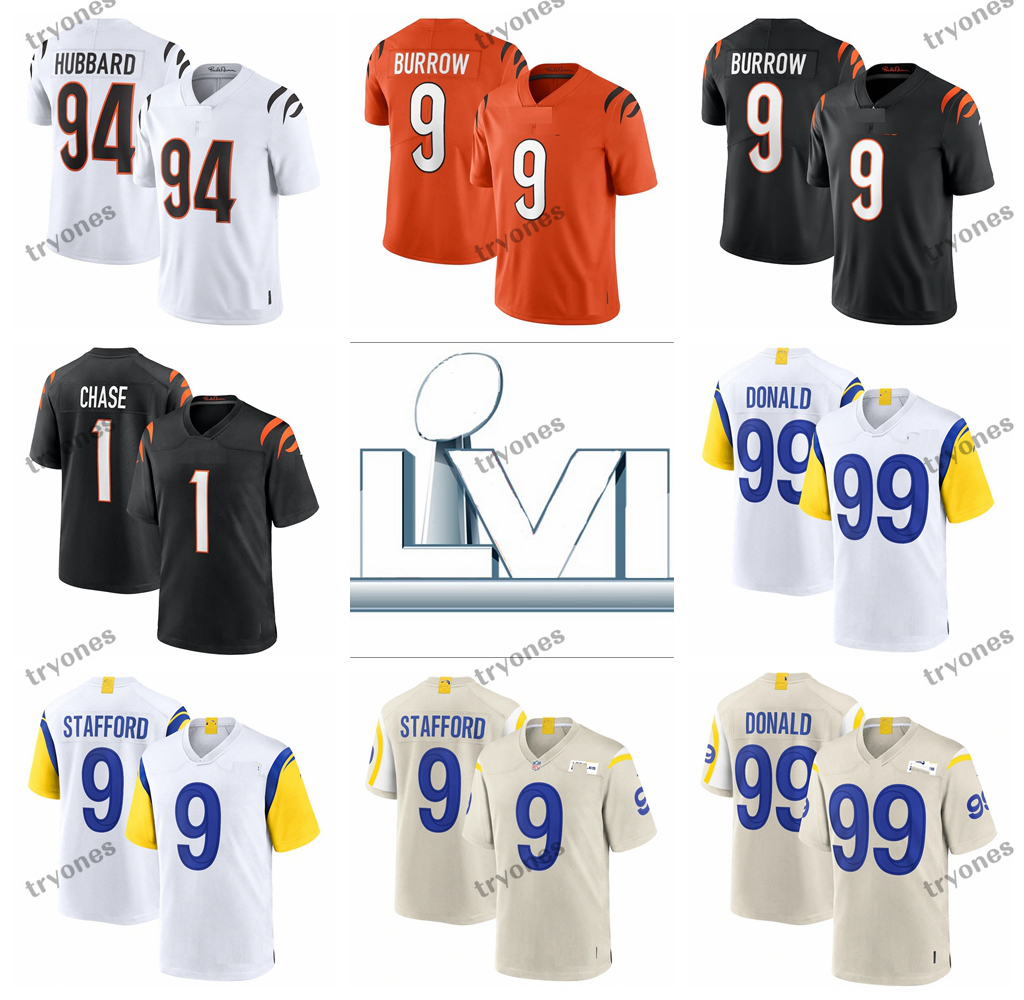 

Mens Womens Kids Super Bowls Football Jerseys LVI 9 Matthew Stafford 99 Aaron Donald 10 Cooper Kupp 3 Odell Beckham Jr. 40 Von Miller 1 Ja'Marr Chase Tee Higgins Joe Burrow, Lvi womens yang s-xxl