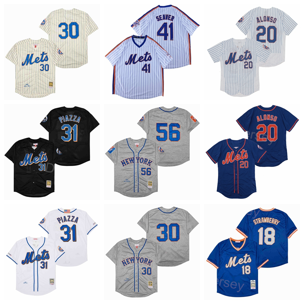 

1965 1969 1983 Retro Baseball 31 Mike Piazza Jersey Men Vintage 20 Pete Alonso 41 Tom Seaver 30 Ryder Ryan Retire Pinstripe White Grey Blue Black Stitched Pullover, 1986 retro
