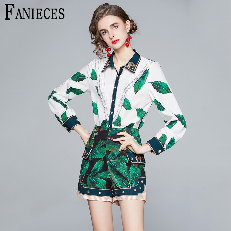 

Summer Runway Two Pieces Short Suit High Quality Fashion Designer Vintage Print Long Sleeve Shirt And mini Skirt Set ropa mujer 210520, Green