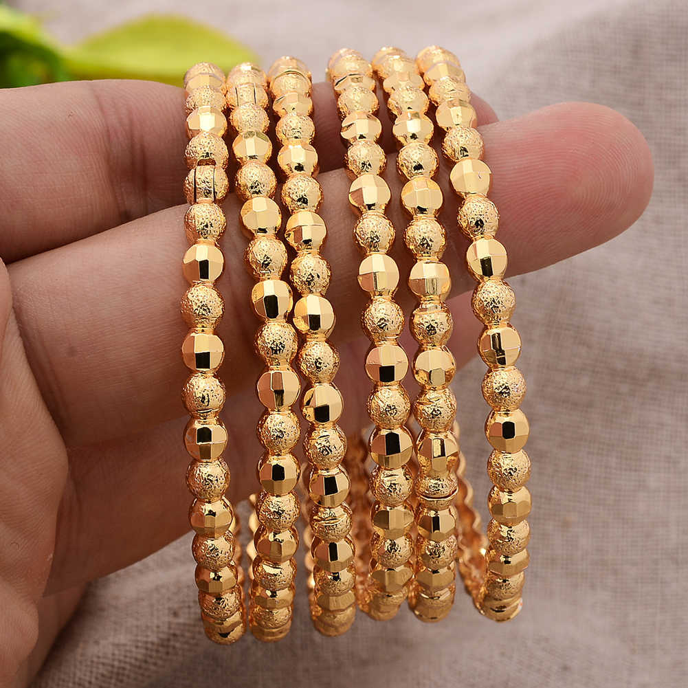 

6pcs/lot African Dubai Bead Gold Color Bangles for Women Bridal Bracelets Wedding Round Wife Friend Jewelry Gift Q0722