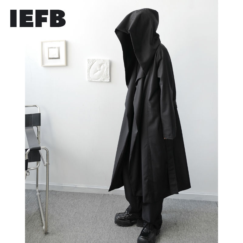 

IEFB /men's wear springWinter niche dark Gothic hooded wizard trench coat loose bandage waist big size windbreaker 9Y4022 210524, Black